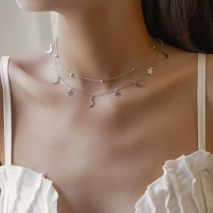 Collier ras du cou avec pendentif étoile et lune pour femmes, Double couche, minimaliste, Vintage, à la mode, 2023