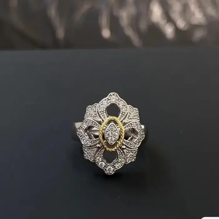 Bague de fiançailles florale en argent 925, unique et belle, en dentelle évidée, exquise, deux tons, bijoux fins