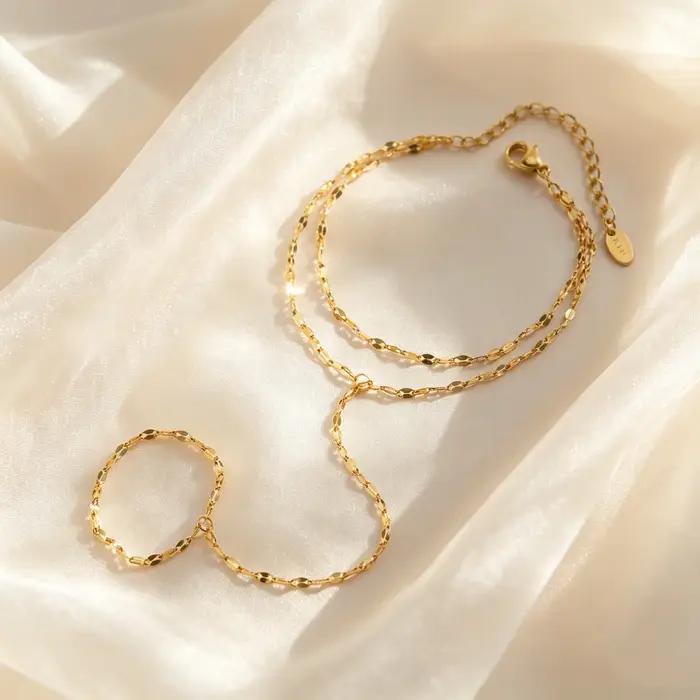 Bracelets de main minimalistes de luxe plaqués or pour femmes, bracelet à chaîne fine avec anneau de doigt, bijoux élégants en acier inoxydable