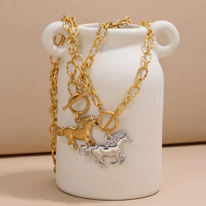 Collier tendance avec pendentif Cheval des 12 signes du zodiaque pour femme, en acier inoxydable plaqué or 18 carats, hypoallergénique, bijou de déclaration pour soirée