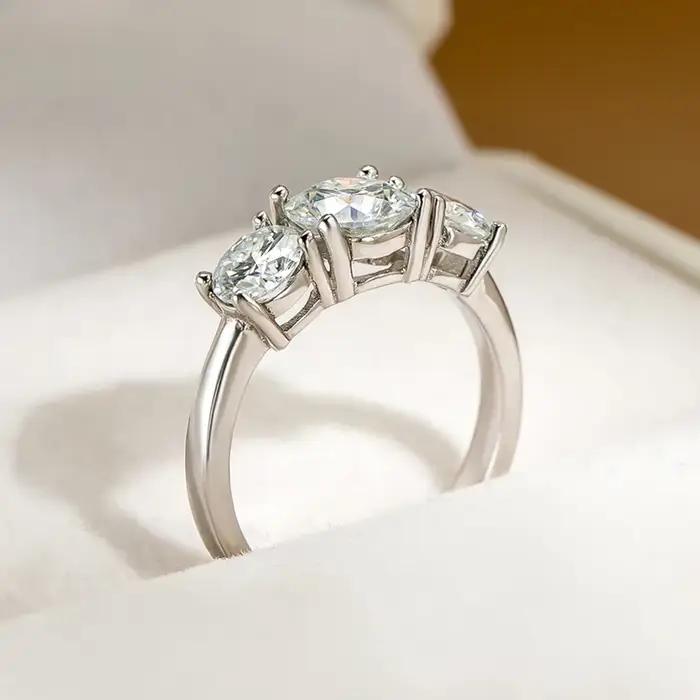 Bagues en diamant Moissanite couleur D 2/4 Carat, avec certificat GRA, coupe ronde, trois pierres, bague de fiançailles, bijoux de mariage