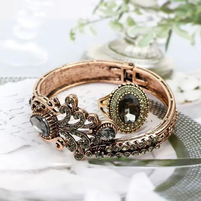 Chaude ronde résine femmes Vintage Bracelet fleur anneau Antique or couleur ethnique Bracelet manchette anneau ensembles de Bijoux turc Bijoux de mariée