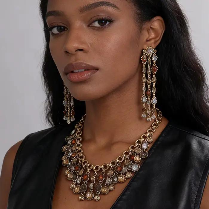 Ensemble de bijoux Vintage à franges multi-pierres (collier + boucles d'oreilles), accessoire de déclaration Boho glamour, idéal pour une soirée et une Date