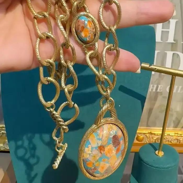 JOJewelry-Ensemble de boucles d'oreilles à clip ovales vintage pour femmes, carte nautique, collier pendentif, luxe, pierre naturelle, grand, 2024