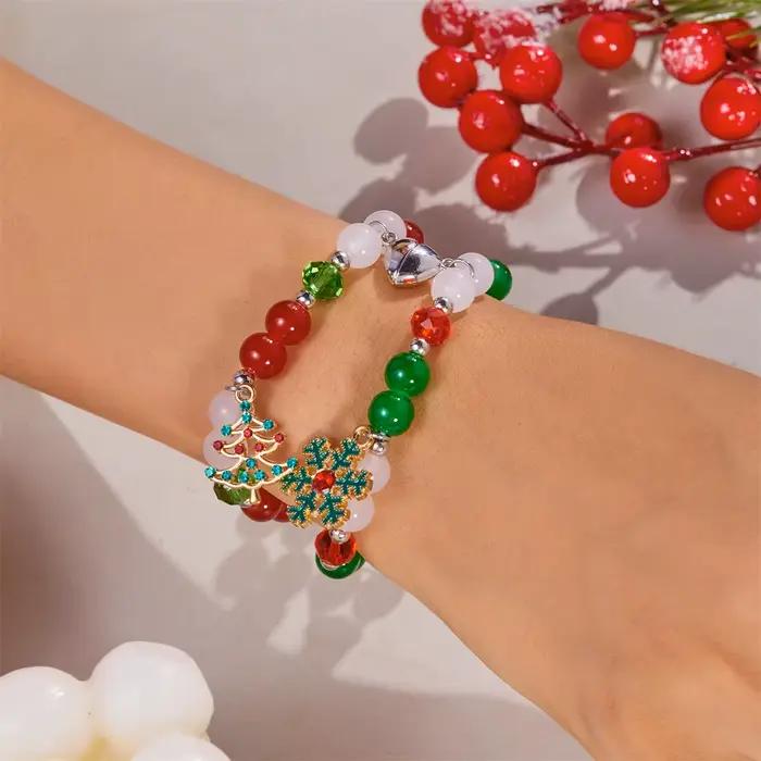 Bracelet de couple de perles de cristal de Noël pour femmes et hommes, vert, rouge, père Noël, arbre, coeur, perles de verre magnétiques, bracelet, bijoux de Noël