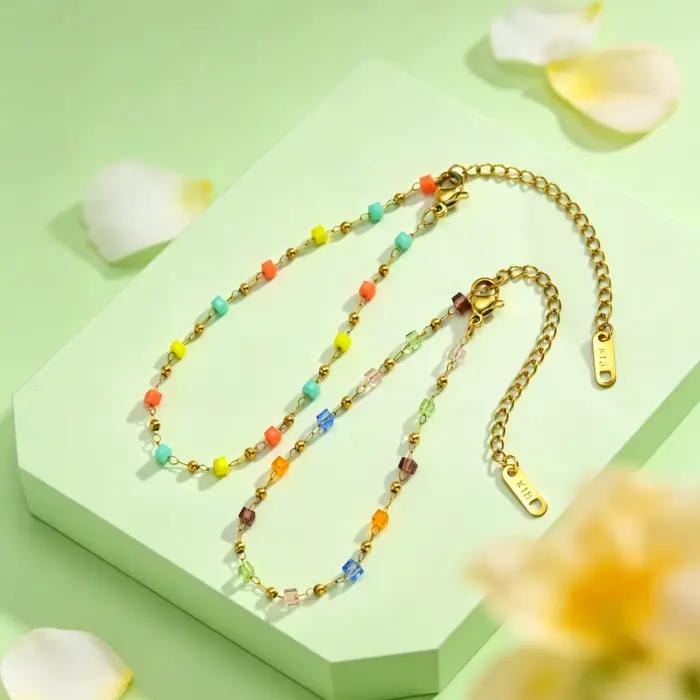 Bracelet en perles de cristal colorées pour femmes, chaîne de perles géométriques, bracelets en acier inoxydable, bijoux bohèmes, cadeau