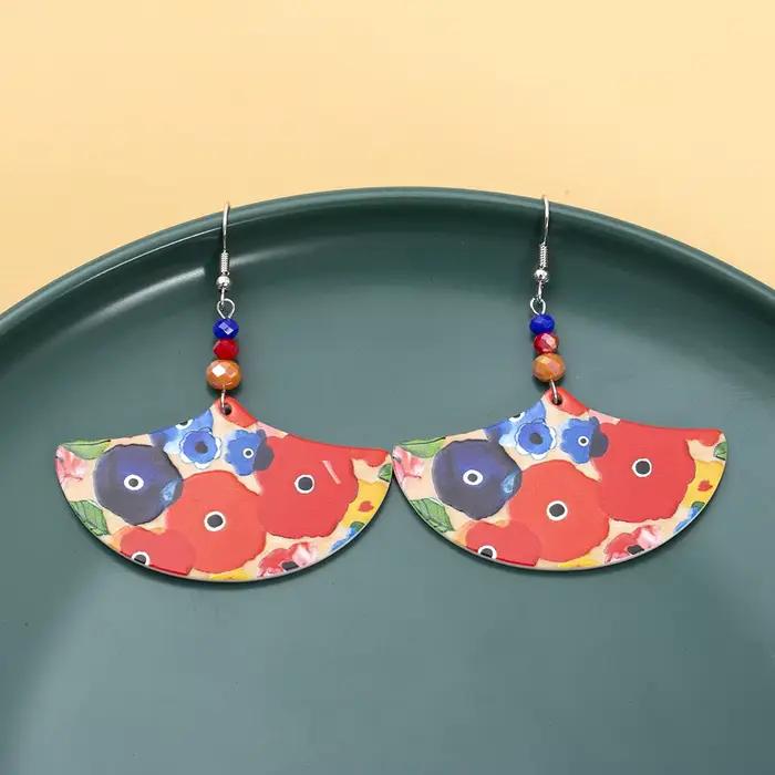 Boucles d'oreilles en acrylique en forme d'éventail à motif de fleurs colorées pour femmes, style vintage, légères, charmantes, bijoux élégants à porter au quotidien