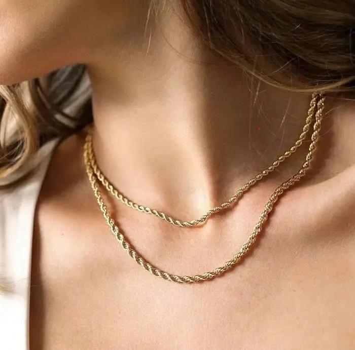 Collier chaîne en corde style punk vintage pour hommes et femmes, chaîne torsadée en acier inoxydable couleur or, bijoux décontractés hip-hop