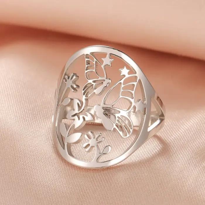 Cazador-Bague Papillon Fleur pour Femme, Acier Inoxydable, Documents Dorés, Bagues Esthétiques, Bijoux Cadeau d'Anniversaire, Tendance, Nouveau, 2024