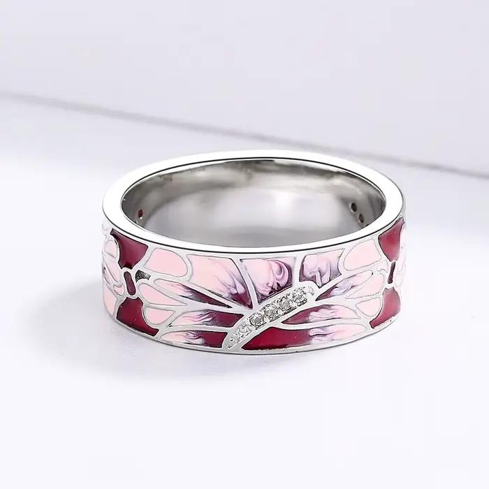 Bagues élégantes pour femmes, bague pêche rose, bijoux de fête de mariage, fleur classique, bague en émail faite à la main