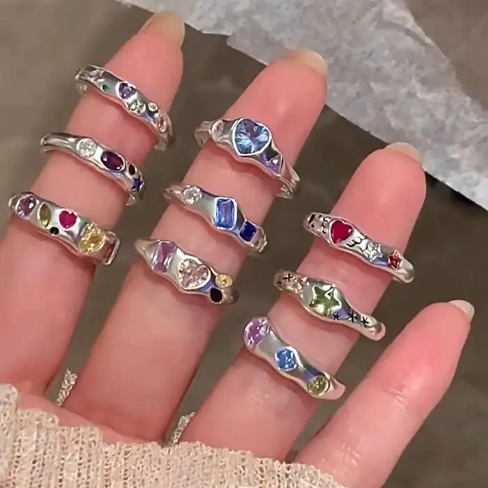 Kpop – bagues étoiles en Zircon coloré pour femmes, anneau métallique irrégulier, rétro, Index, bijoux esthétiques, accessoires Hip Hop pour filles