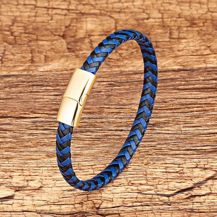 Bracelet tressé en cuir enveloppant bleu marron classique, breloque avec fermoir en acier inoxydable, Bracelet magnétique, corde, chaîne, bijoux