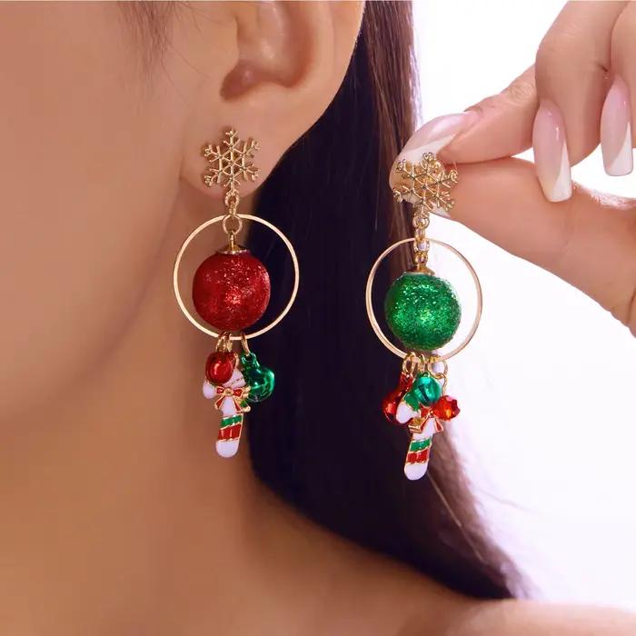 Boucles d'oreilles flocon de neige de noël, canne à sucre, cloche, cerceau en émail, goutte d'eau pour femmes, collier de noël, boucle d'oreille, bijoux de fête du nouvel an, cadeau
