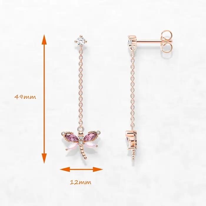 Libellule avec pierres boucles d'oreilles en or Rose, bijoux fins européens pour femmes, tout nouveau cadeau mignon en argent Sterling 925