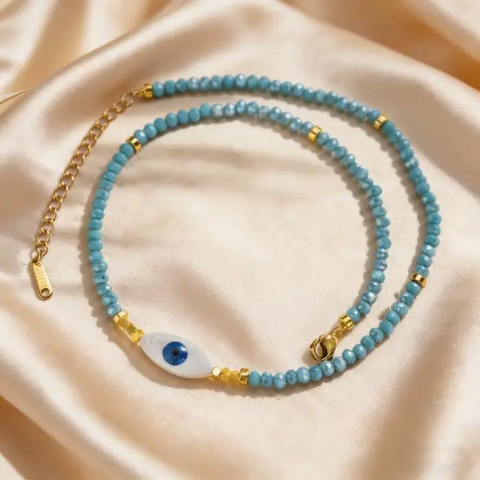 Collier ras du cou bohème en perles de cristal bleues avec pendentif œil porte-bonheur pour femme, bijoux de luxe bohèmes d'été, cadeaux