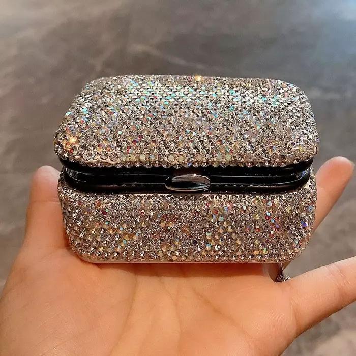 Mini boîte à bijoux scintillante avec miroir, mallette de rangement de colliers de luxe créative, boîte à bijoux carrée en strass et diamant, Dressing