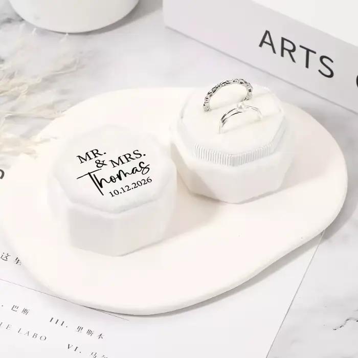 Boîte à bagues de mariage personnalisée, boîte à bagues en velours blanc, boîte à bagues doubles, boîte à bagues octogonale, boîte à bagues pour proposition de fiançailles