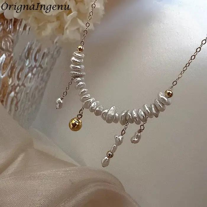 Collier de perles baroques remplies d'or 14K pour femmes, ras du cou délicat fait à la main, résistant au ternissement, bijoux hypoallergéniques pour femmes