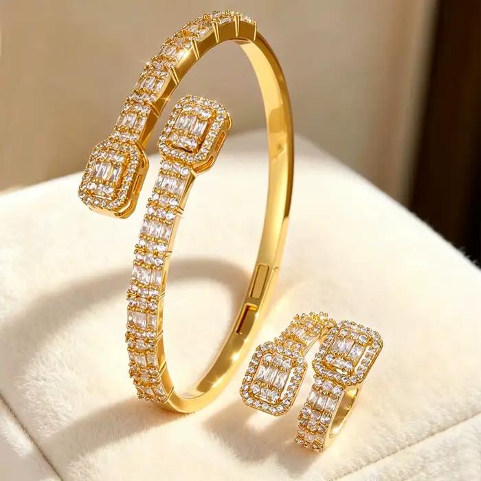 Nouvel ensemble bague et bracelet géométrique carré brillant en zircone cubique Yupsk, avec baguette CZ, bracelet ouvert, bijoux de luxe, cadeau