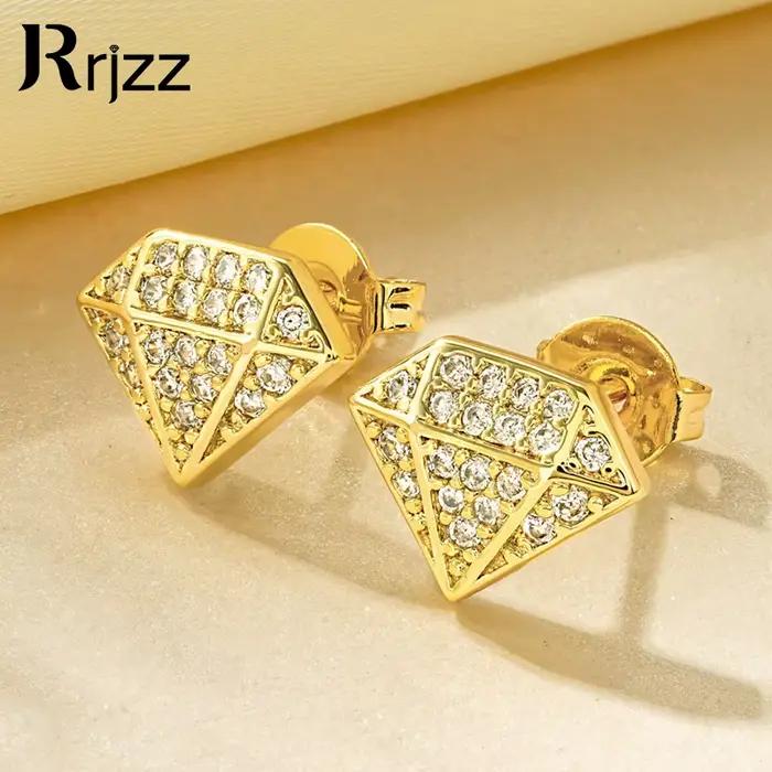 Rrjzz Boucles d'oreilles uniques plaquées or 14 carats en forme de diamant scintillant Fashion CZ Simulé Diamant Ear Stud pour femmes et hommes Bijoux