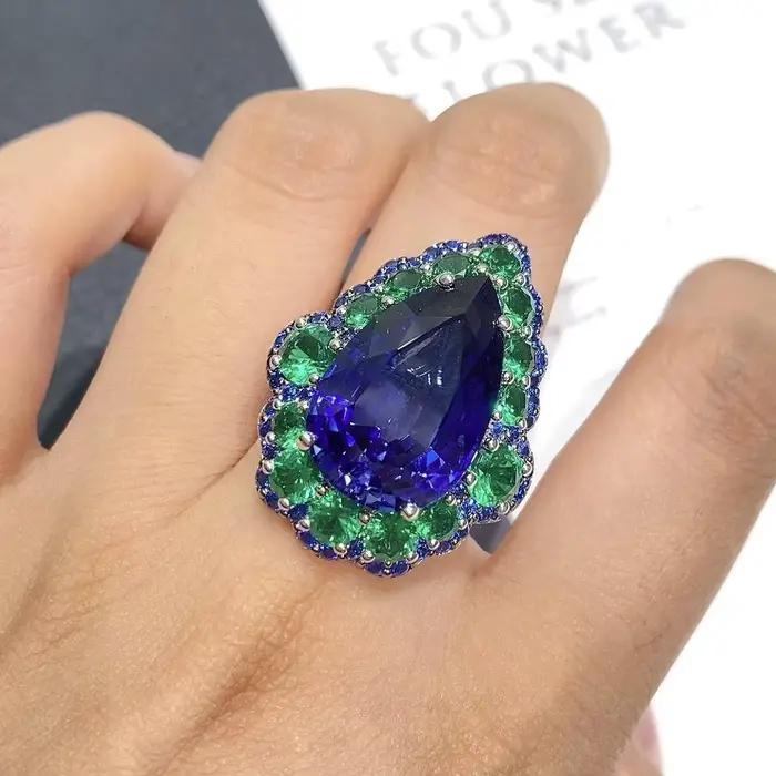 WUIHA – bague de fiançailles en argent Sterling 100% 925, saphir de laboratoire, émeraude, diamants à haute teneur en carbone, pierres précieuses, bijoux fins
