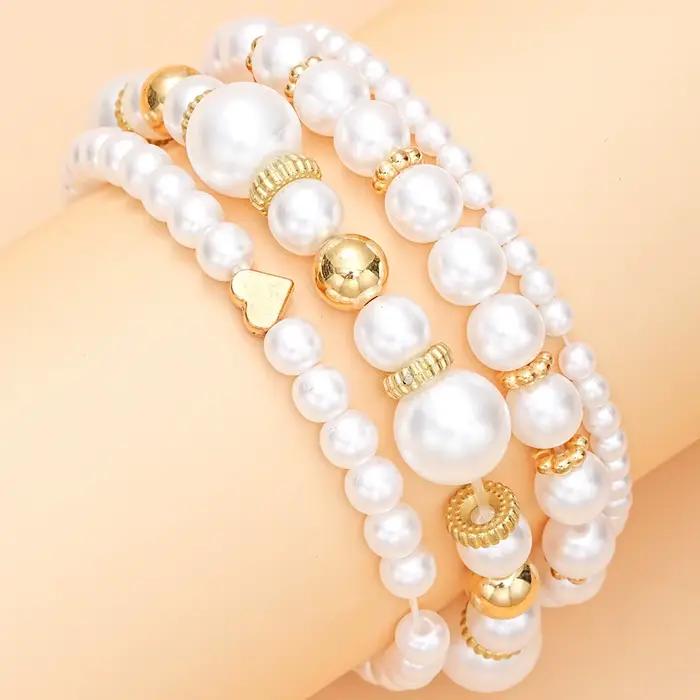 Ensemble de bracelets en perles artificielles simples pour femmes, style bohémien, couleur or, cœur, breloques, chaîne, bijoux à la mode pour filles, 4 pièces