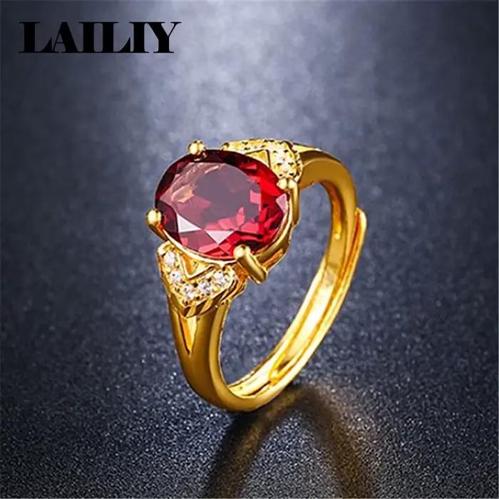 LAILIY Bague ajustable en argent sterling 925 plaqué or 18 carats avec rubis pour femme, bijoux tendance