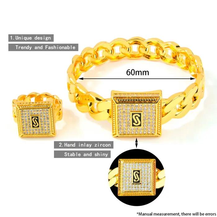 Parure de bijoux hip-hop italienne en zircone plaqué or 24 carats, style arabe punk, bracelets manchette et bague, pour femmes éthiopiennes, idéale pour événements et fêtes