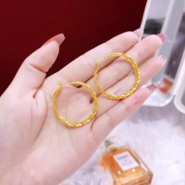 Luxe 24K 9999 or pur véritable or femmes grand anneau d'oreille torsadé cercle grandes boucles d'oreilles