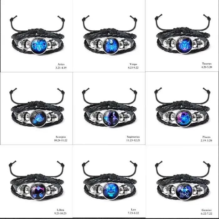 Bracelet Lumineux Signes du Zodiaque 12 Constellations Homme Femme Vintage Multicouche en Cuir Enroulé Cadeau Pulsera Hombre