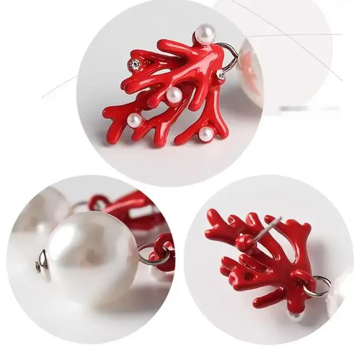 Femmes acrylique émail rouge corail résine bois perle boucles d'oreilles bijoux