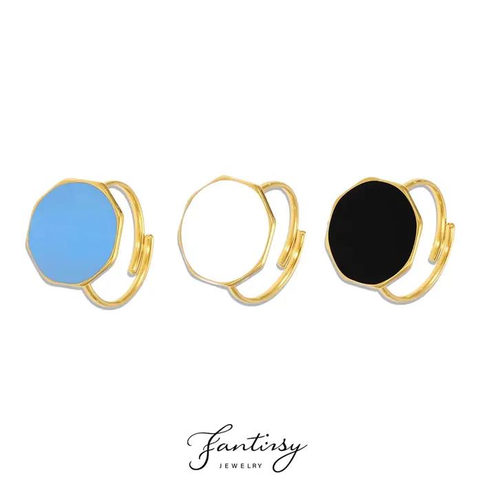 Bague ronde en émail noir blanc et bleu pour femmes, Style gothique, bague en acier inoxydable plaqué or 18 carats, bijoux à la mode