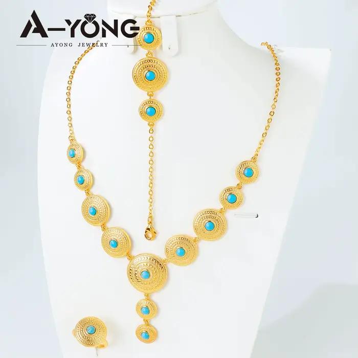 Ensemble de bijoux Turquoise plaqué or 24 carats, collier de mariée éthiopien, Bracelet, boucles d'oreilles, bijoux de mariage pour femmes arabes, mode dubaï