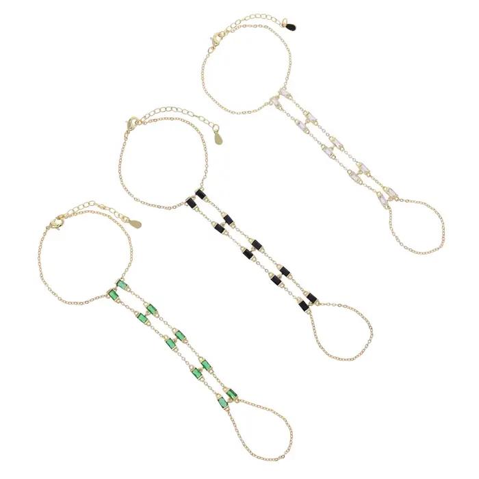 Couleur or 2025 nouveauté été vente chaude femmes bijoux coloré lunette Rectangle CZ Bling Double lien chaîne esclave Bracelet