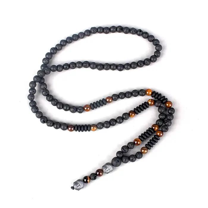 Collier perlé œil de tigre pour homme et femme, pierre de lave, pendentif tête de bouddha, 6mm