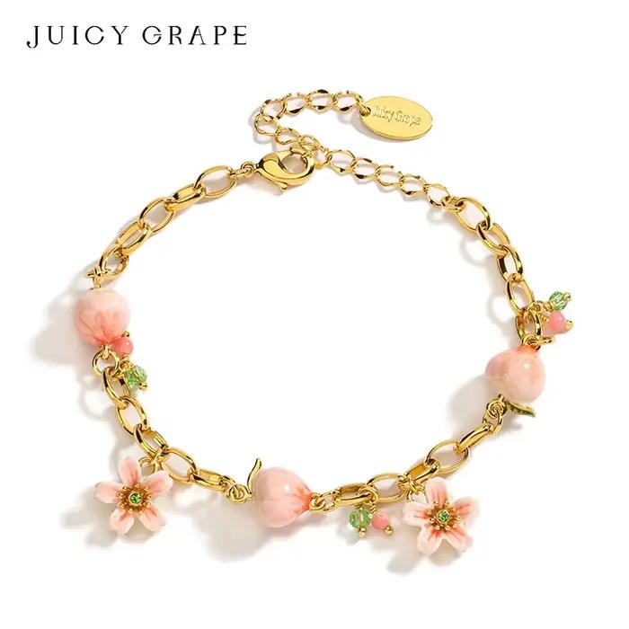 JUICY GRAPE-Bracelet Délicat pour Femme, Pêche à l'Eau et Fleurs, Bijoux Fins Réglables, Design en Émail Fait à la Main, Cadeau Parfait