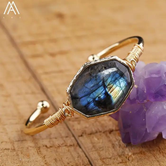 Bracelet en pierre de Labradorite Flash pour femmes, perles octogonales, manchette, bijoux en Labradorite faits à la main, cadeau pour adolescents, livraison directe