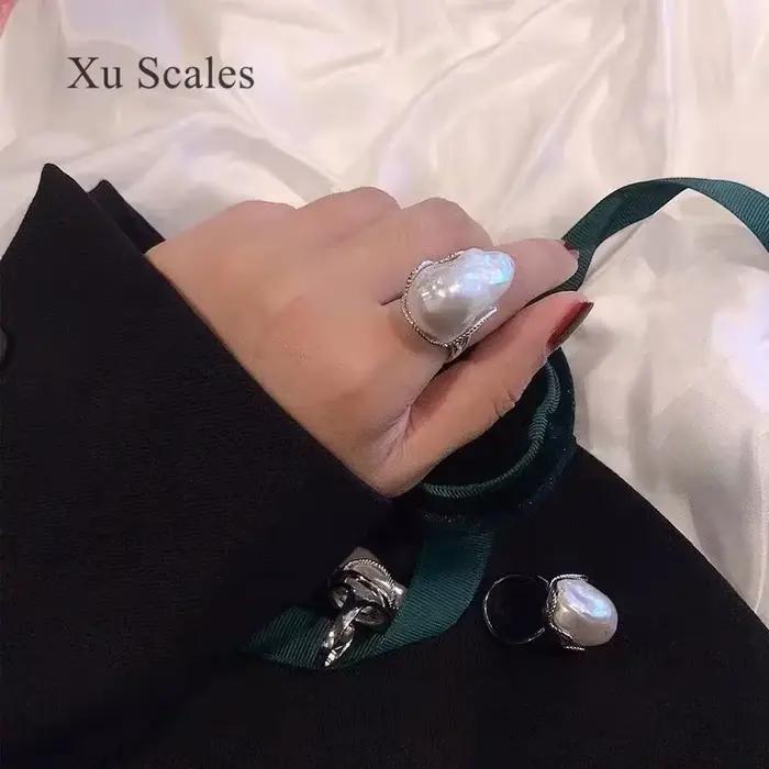 Bague Ajustable en Argent Sterling S925, Grande Perle Baroque Irrégulière de Forme Spéciale, Style Palais Rétro, Blanc Aurore Éblouissement Naturel