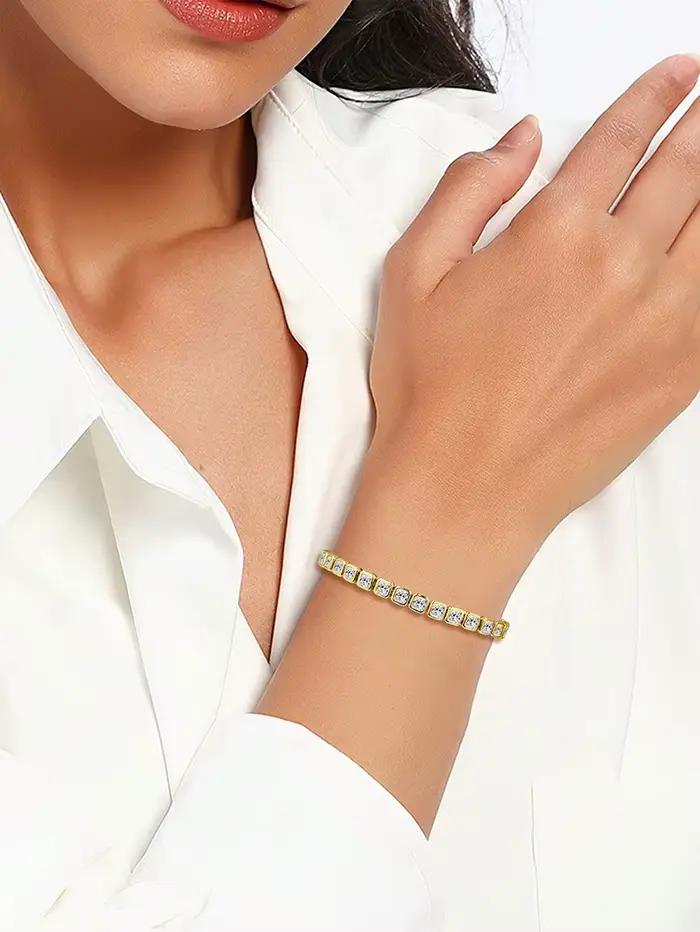 Bracelet jonc en or 14 carats fait main avec diamants de laboratoire de 3 mm, bracelets de fiançailles et de mariage pour femmes, bijoux tendance pour mariée et soirée