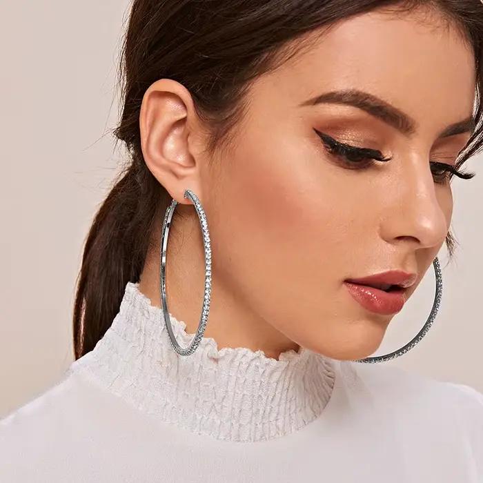 Grandes boucles d'oreilles créoles pour femmes et filles, 30 à 80mm, cercle en cristal strass, couleur noir, or, argent, rondes, cadeau de fête