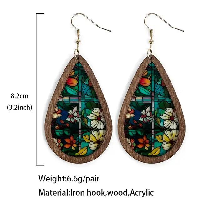 Boucles d'oreilles en mosaïque de verre coloré pour femmes, nouveau modèle 2024, motif kaléidoscope, bois, acrylique, colorées et brillantes, boucles d'oreilles statement, vente en gros