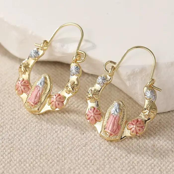Boucles d'oreilles ethniques sculptées à la main pour femmes, motif floral, trois couleurs, géométrie métallique, pour usage quotidien, bijoux de fête, cadeau d'anniversaire