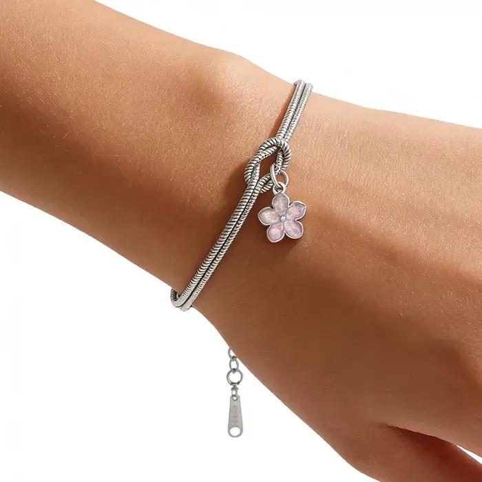 Bracelets à breloques en émail fleur de frangipanier, couleur rose et violette, pendentif en acier inoxydable Plumeria, bijoux chaîne de main marguerite