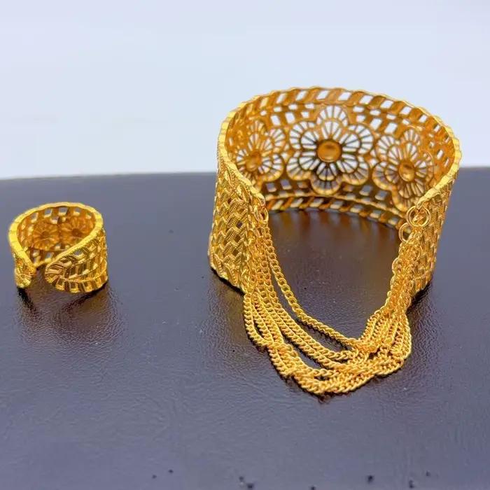 Ensemble de bracelets et bagues éthiopiens pour femmes, couleur or africain de Dubaï, avec pampilles et breloques rigides, bijoux arabes pour mariage et cadeaux de fête