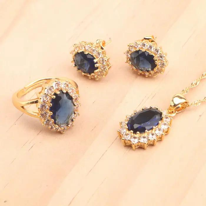 Ensemble de bijoux de mariée en argent Sterling 925, couleur or, pierres de Zircon bleues, boucles d'oreilles, bagues, pendentif, collier