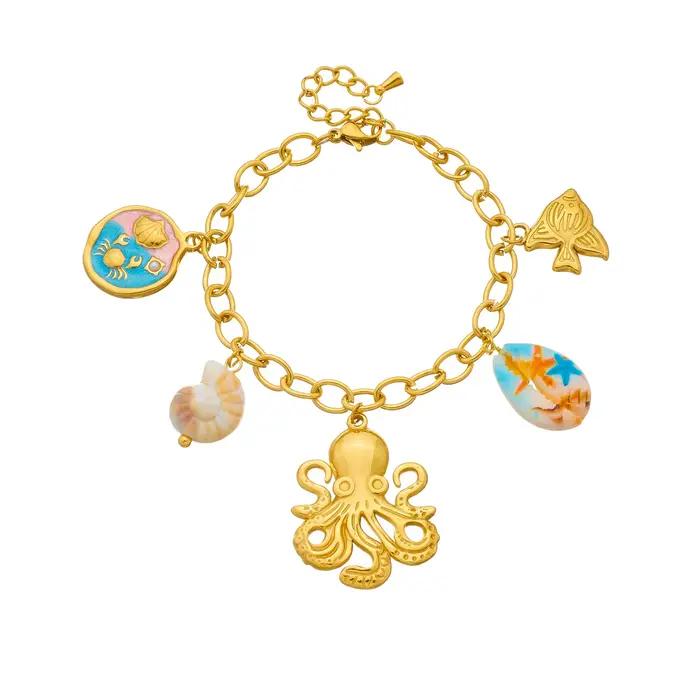 Bracelet en acier inoxydable avec breloque pieuvre émaillée, bijou tendance pour femme et fille, idéal pour la plage, cadeau de fête