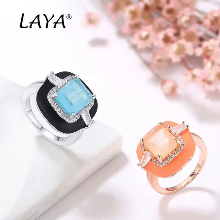 LAYA 925 en argent Sterling mode brillant Zircon naturel bleu pierre noir émail carré anneau pour les femmes cadeau mode bijoux fins