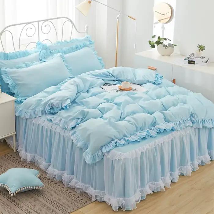 Parure de lit rose avec dentelle pour fille, drap de jupe princesse, couvre-lit pour document solide coréen, taie d'oreiller, décor de chambre à coucher, literie pour couple de mariage
