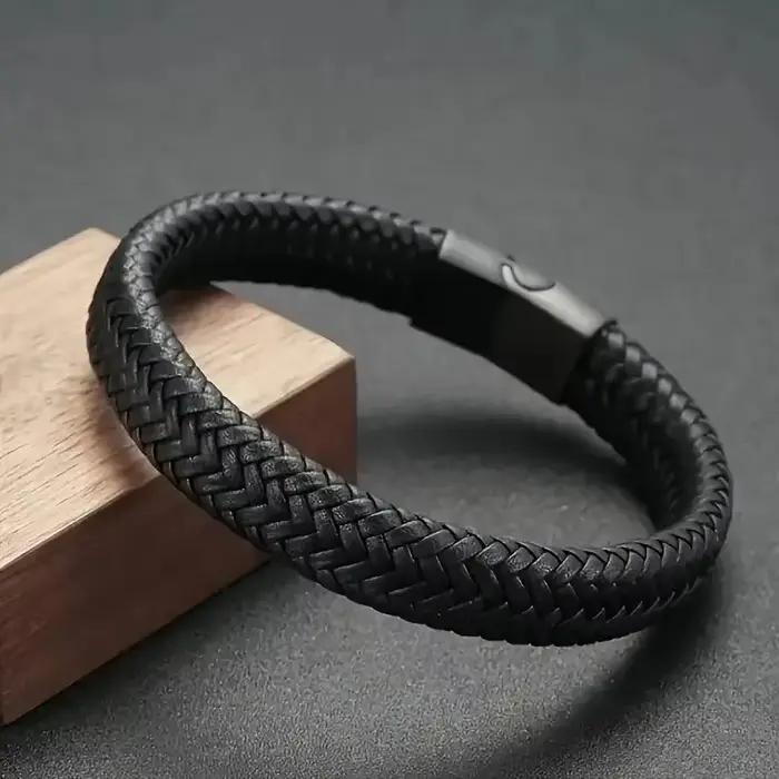 Bracelet en cuir tressé noir classique avec fermoir magnétique, fermoirs robustes et élégants pour homme, bijou simple et tendance, cadeau