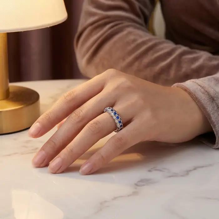 Bague éternité complète en argent sterling 925 avec saphir bleu synthétique pour femme, alliance empilable, bijou de fiançailles et de promesse